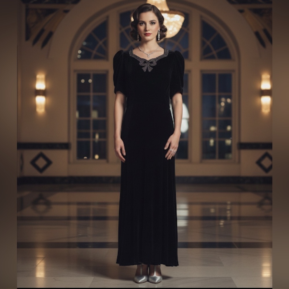 Antique 1930’s Black Silk Velvet Puff Sleeve Rhinestone Embellished Gown Flawed